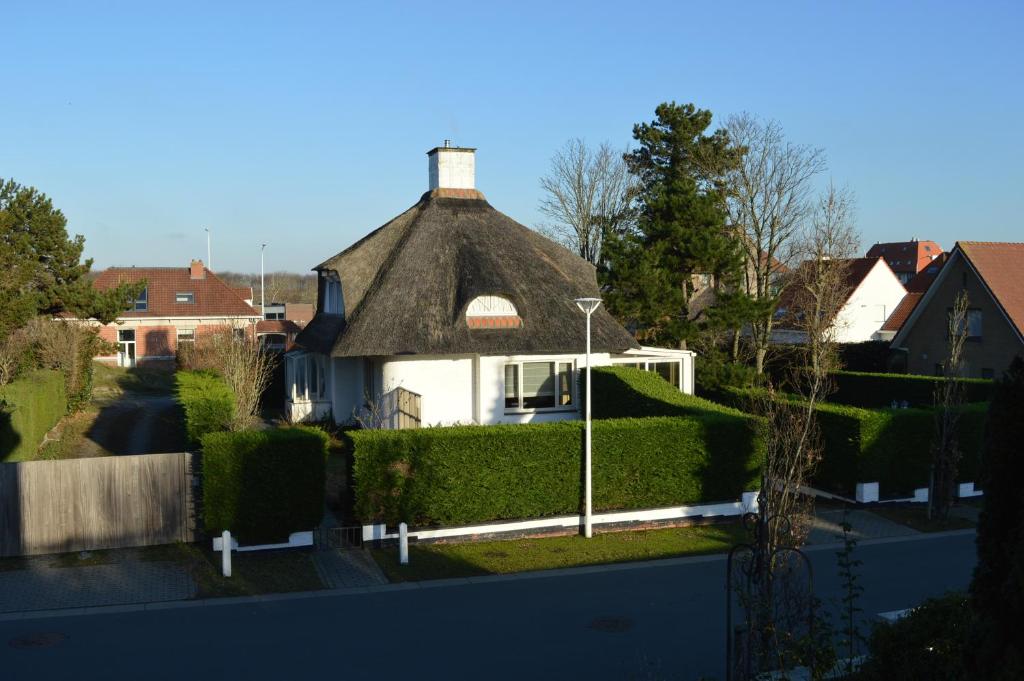 una casa con tetto di paglia in un cortile di Villa Belle dune a Nieuwpoort