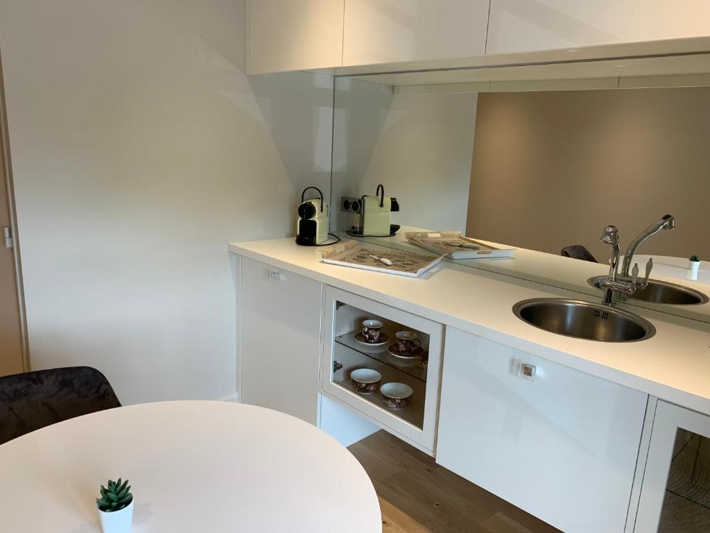 a kitchen with a sink and a mirror at L'appartement et les Suites de VJL... in Avize