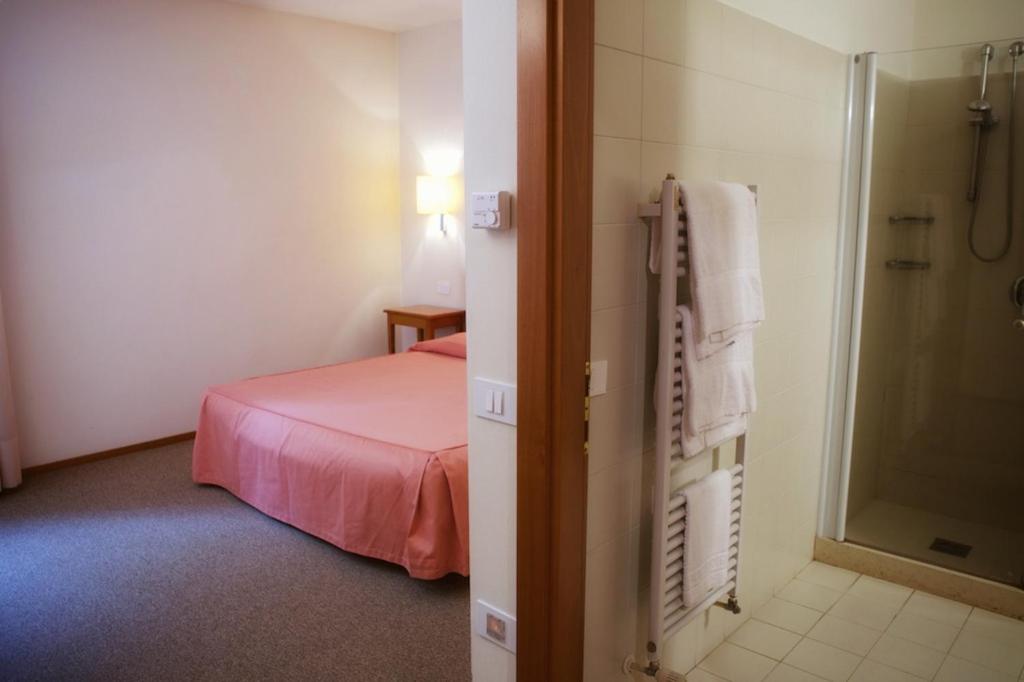 a room with a bed and a shower and a bathroom at LOCANDA PERINELLA in Castelgomberto