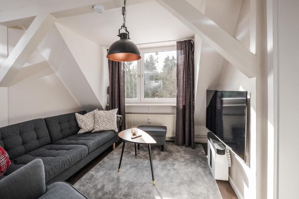 ein Wohnzimmer mit einem Sofa und einem TV in der Unterkunft Schierke Ferienwohnung Hirschrudel in Schierke