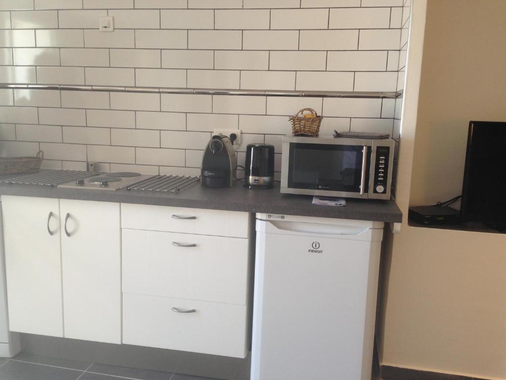 a kitchen with a counter with a microwave on it at Gîte Polema in Marseille