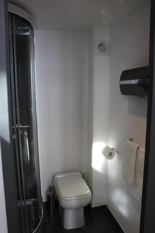 a small bathroom with a toilet and a shower at Les Cariatides in Lille