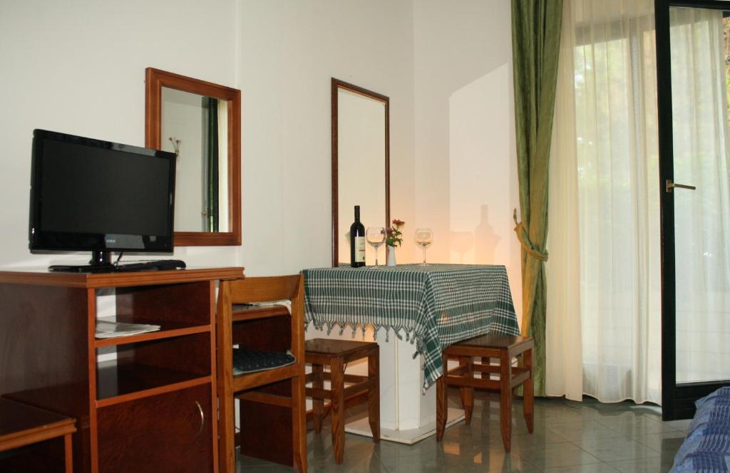 a living room with a television and a table with chairs at Hotel Danica in Petrovac na Moru