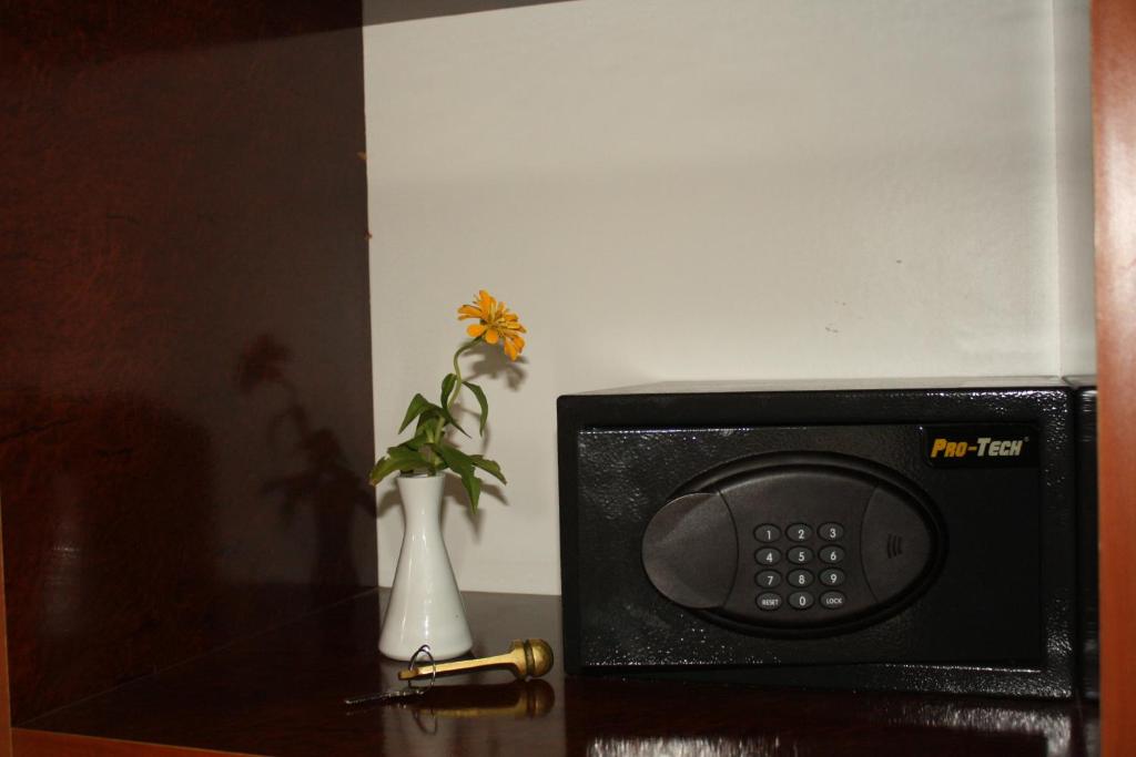 a microwave on a table with a vase with a flower at Hotel Danica in Petrovac na Moru