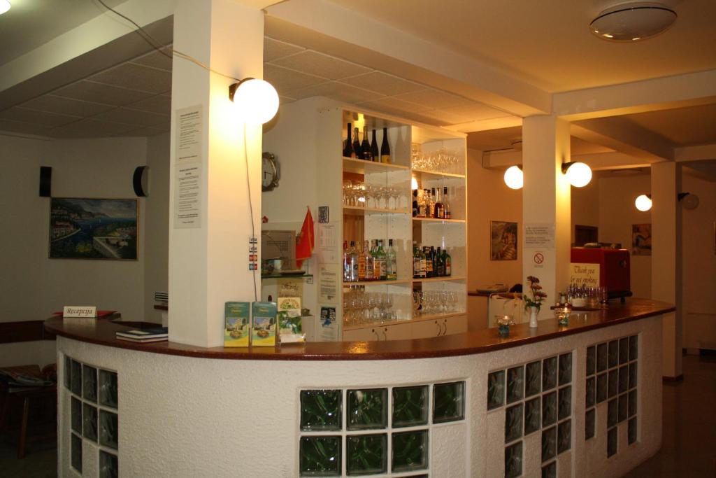 a bar in a restaurant with a counter and lights at Hotel Danica in Petrovac na Moru