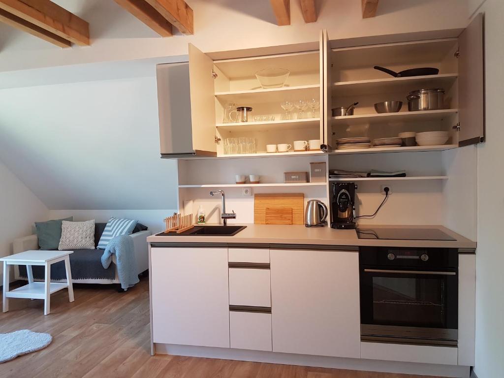 Kuchyň nebo kuchyňský kout v ubytování Apartmán v podkroví
