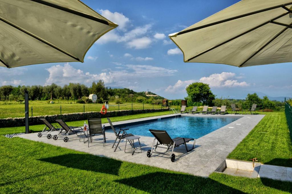 a pool with chairs and umbrellas in a yard at Agriturismo La Guarda in Picedo