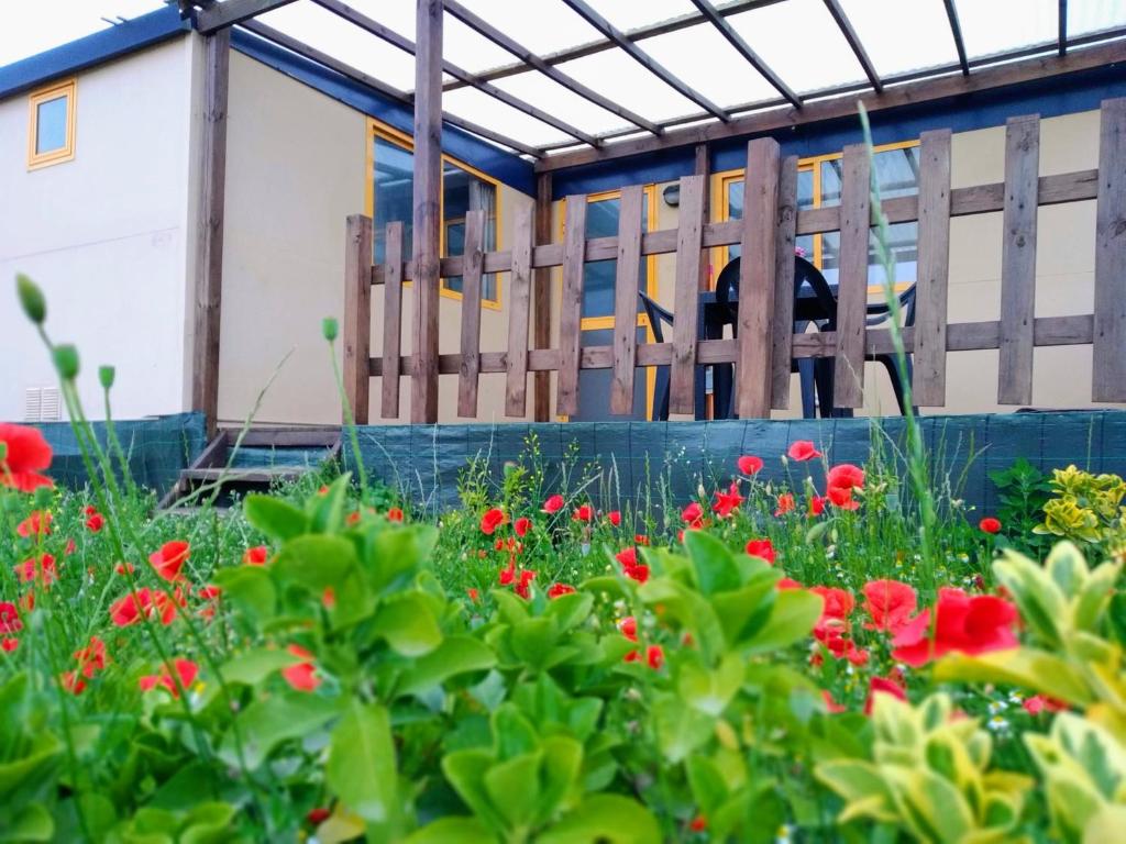 un jardín con flores rojas frente a un edificio en AGRICAMPING STONE VESUVIO en Ercolano