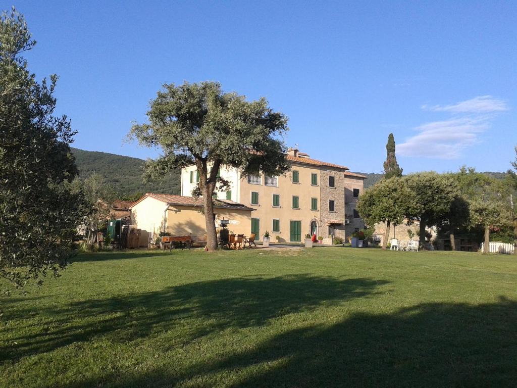 un gran campo verde con un edificio y un árbol en Casa Soleluna B&B, en Cortona