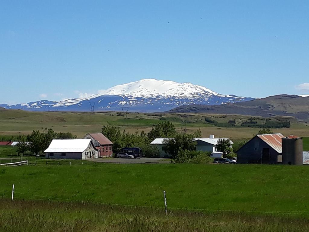 a snow covered mountain in the distance with houses and a field at Guesthouse Geldingaholt in Árnes