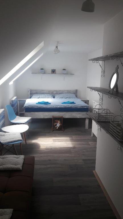 1 dormitorio con 1 cama y 1 sofá en una habitación en Ubytování Otín, en Jindřichův Hradec