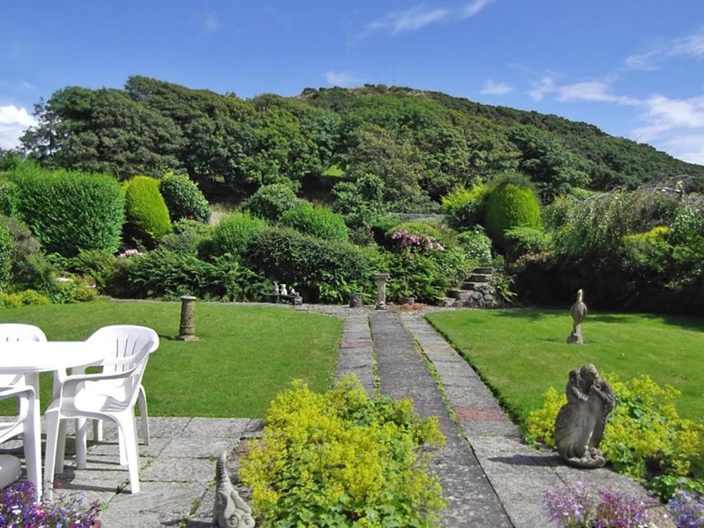 a dog sitting in a garden with a table and chairs at Mor Edrin in Criccieth
