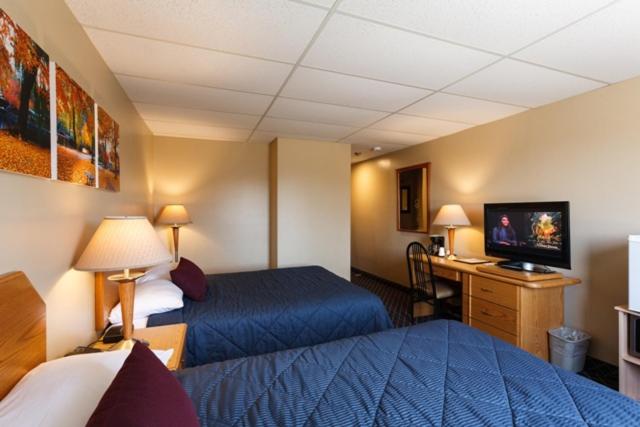 a hotel room with two beds and a desk and a television at Frantz Inn in Steinbach