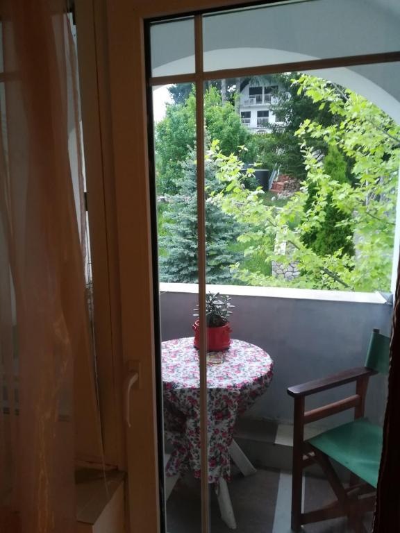 Habitación con mesa y ventana con planta en Vila Kraljica Vrdnik, en Vrdnik