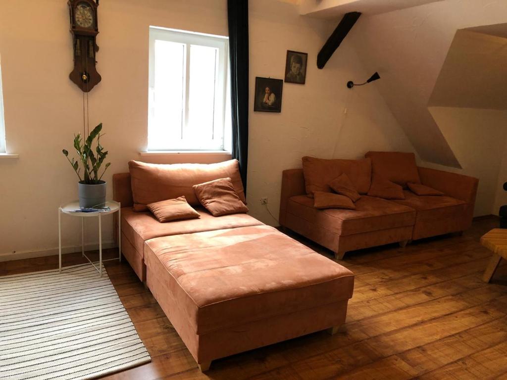 a living room with a couch and a table at ferienhaus Sundern in Hellefeld