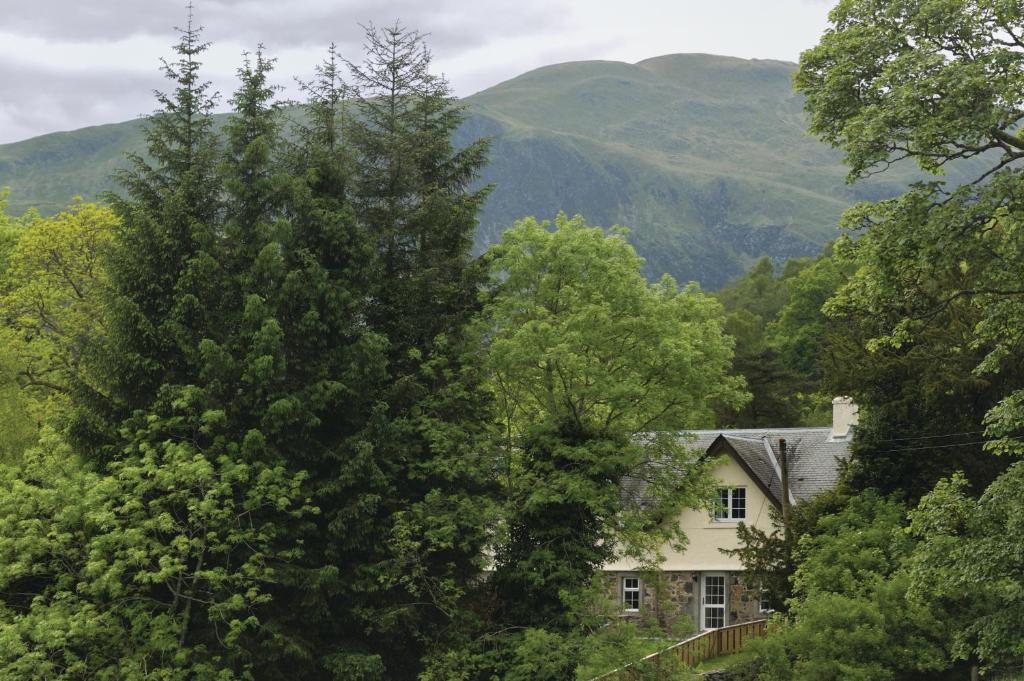 a house in the woods with mountains in the background at Leny Estate in Callander