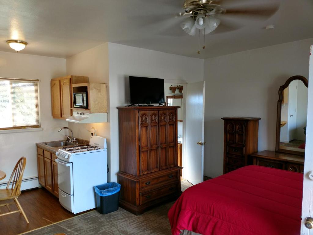 una camera con letto, lavandino e frigorifero di The Ohio Motel a Bath