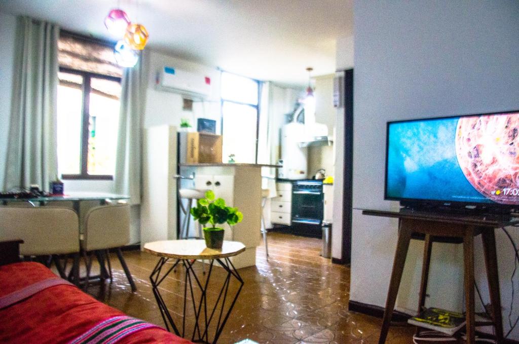un soggiorno con divano e TV su un tavolo di Beautiful quiet apartment near A. Villanueva St a Mendoza