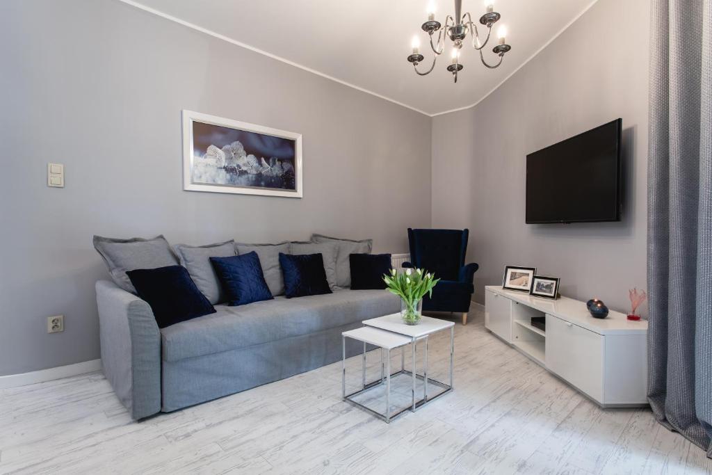 a living room with a couch and a tv at Apartamenty Silence Baltic Glamour in Pobierowo