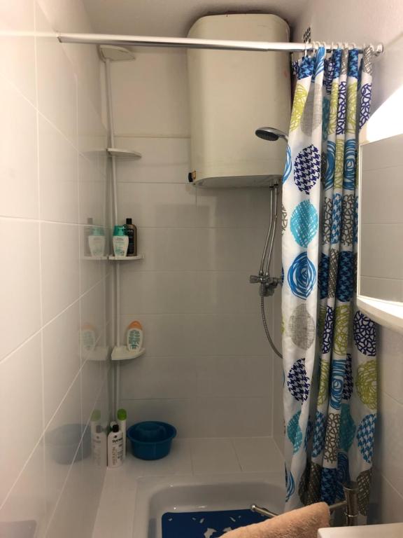 a bathroom with a shower with a blue and white shower curtain at 2 Privatzimmer , Dusche /WC nahe Köln in Frechen