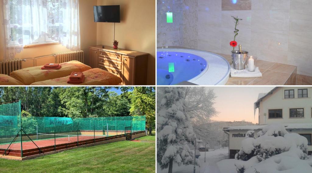 un collage de fotos de una casa con piscina en Penzion Relax en Rybniště