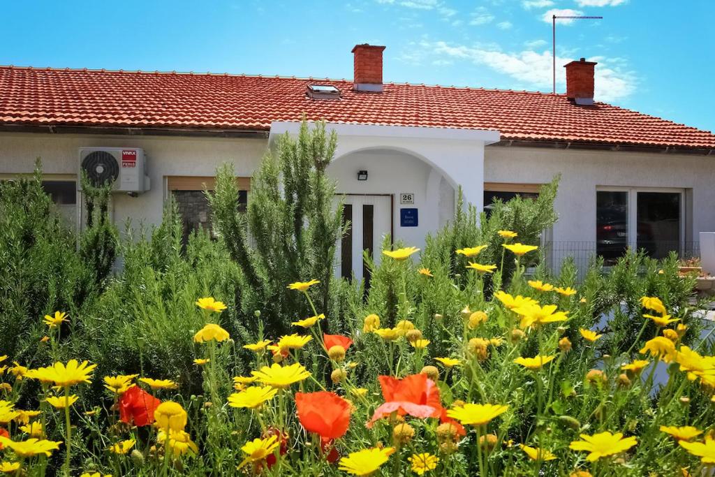 een huis met een bloemenveld ervoor bij Rooms Hvar in Hvar