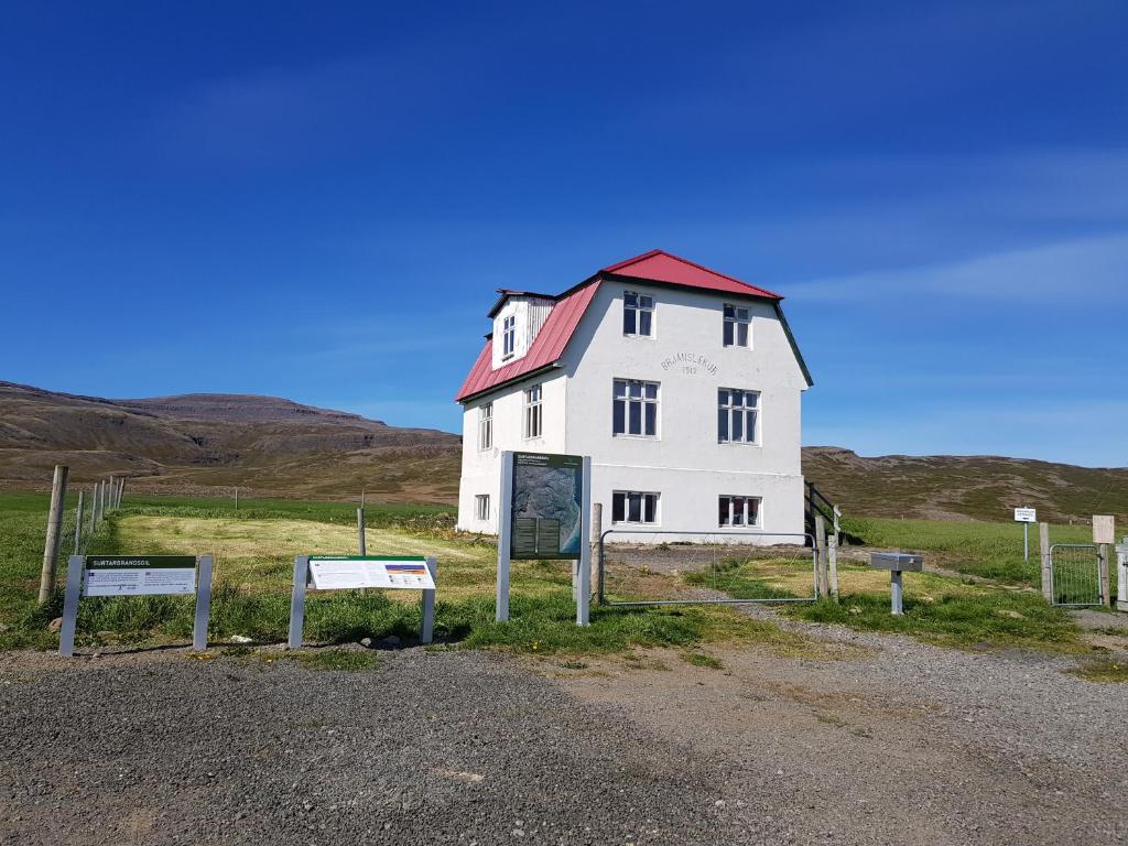 een groot wit huis met een rood dak op een heuvel bij Brjánslækur Gamli bærinn in Brjánslækur