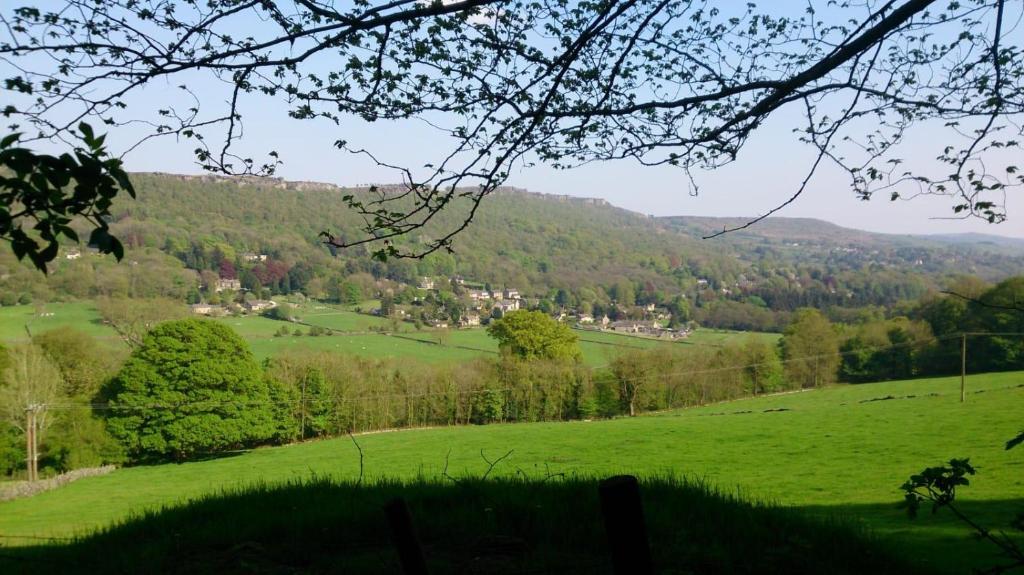 a green field with trees and houses in the distance at Old Orchard Bed & Breakfast in Froggatt