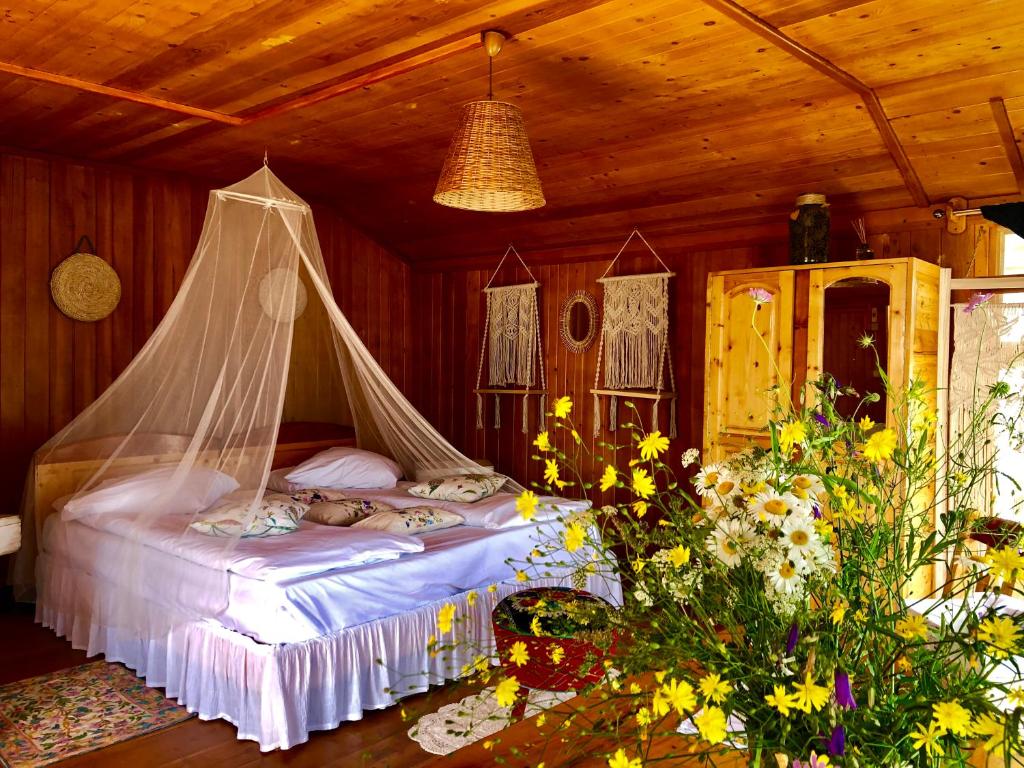 a bedroom with a bed with a mosquito net at Dream Tricule in Sviniţa