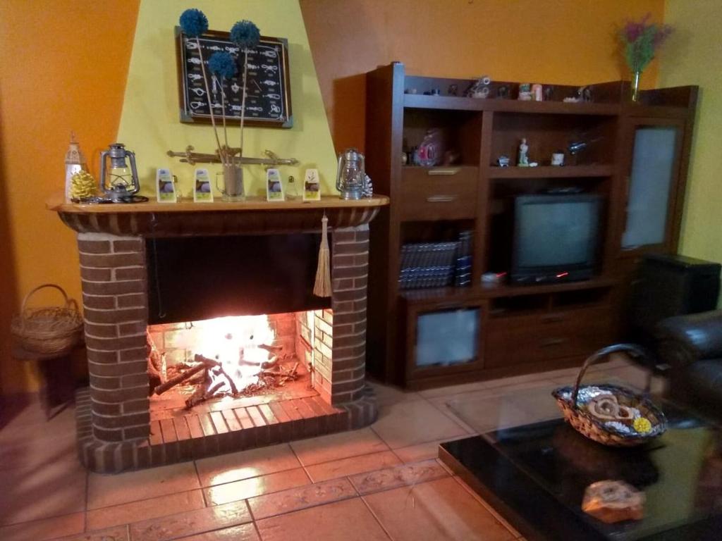Villa el Gallo في Los Cortijos: غرفة معيشة مع موقد وتلفزيون