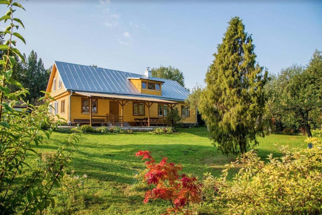 una casa amarilla con techo de metal en un patio en The River House en Anykščiai
