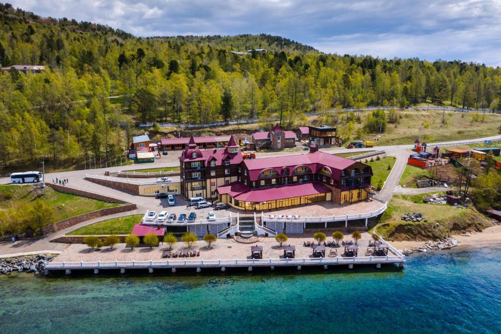 an aerial view of a resort on the water at Legend of Baikal in Listvyanka