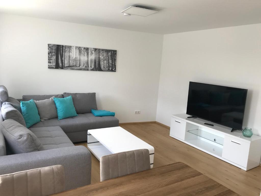 sala de estar con sofá y TV de pantalla plana en Gramschatzer Straße 7 en Güntersleben