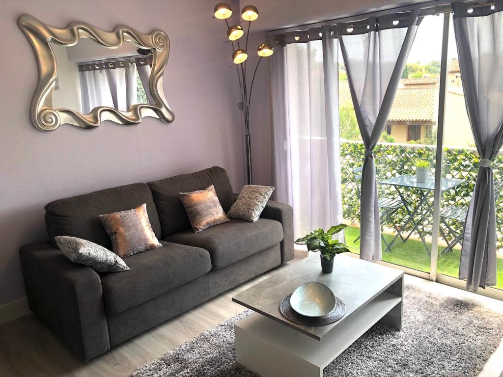 un salon avec un canapé et un miroir dans l'établissement Studio ST-MANDRIER 300m MER, à Saint-Mandrier-sur-Mer