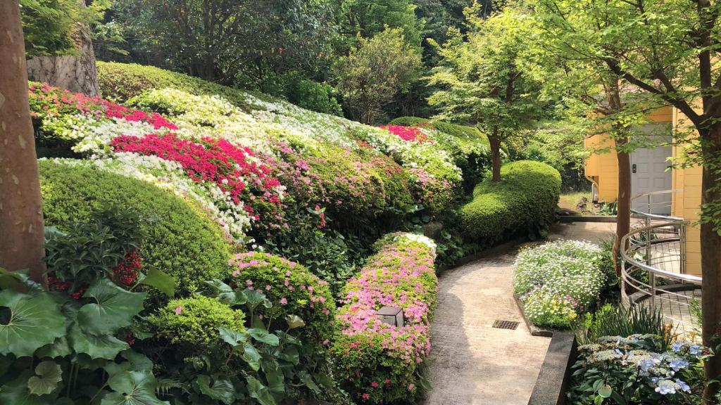 einen Garten mit bunten Blumen und Sträuchern in der Unterkunft 伊道荘園 in Futo