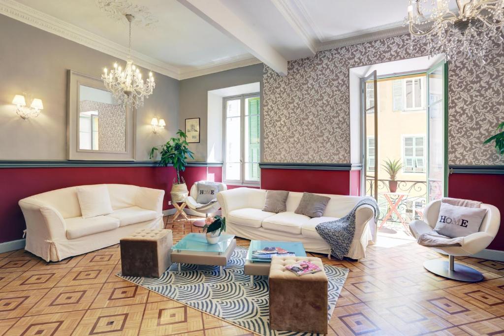 a living room with two white couches and chairs at Le Philibert - SPLENDID, 6 BEDROOMS, 12P, ALL RENOVATED, PORT, A/C in Nice