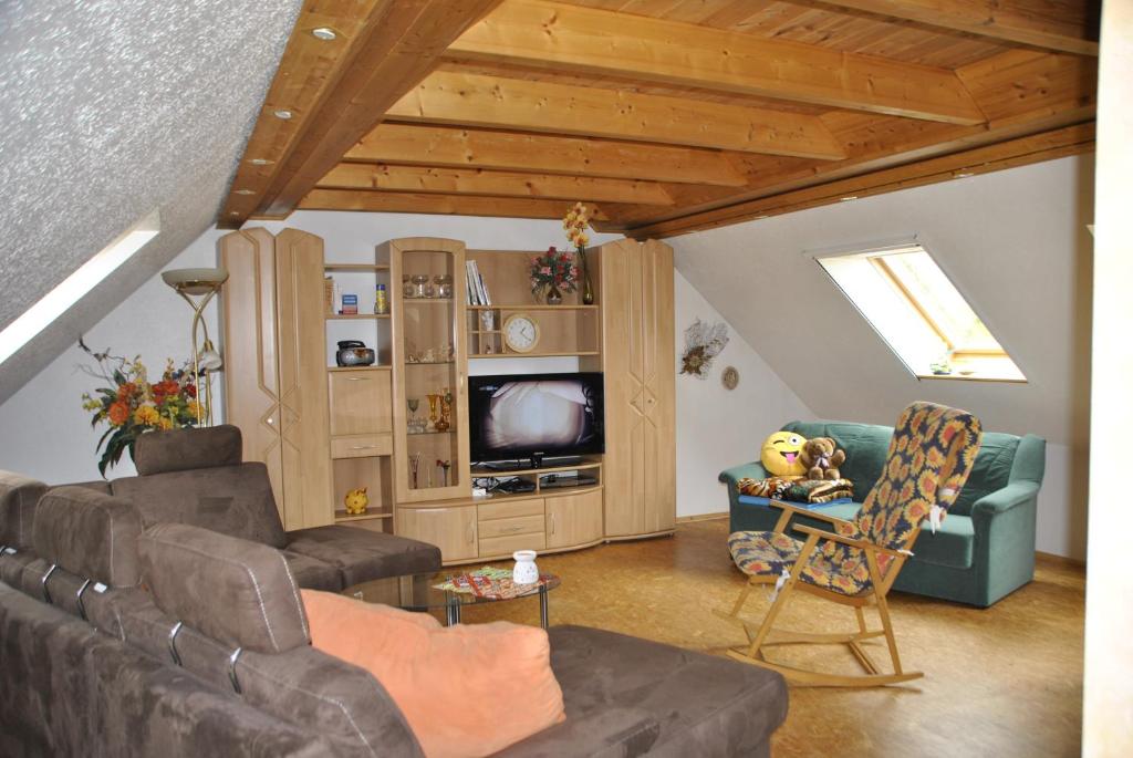 a living room with a couch and a tv at FeWo am Pochwerk-Badeteich in Brand-Erbisdorf