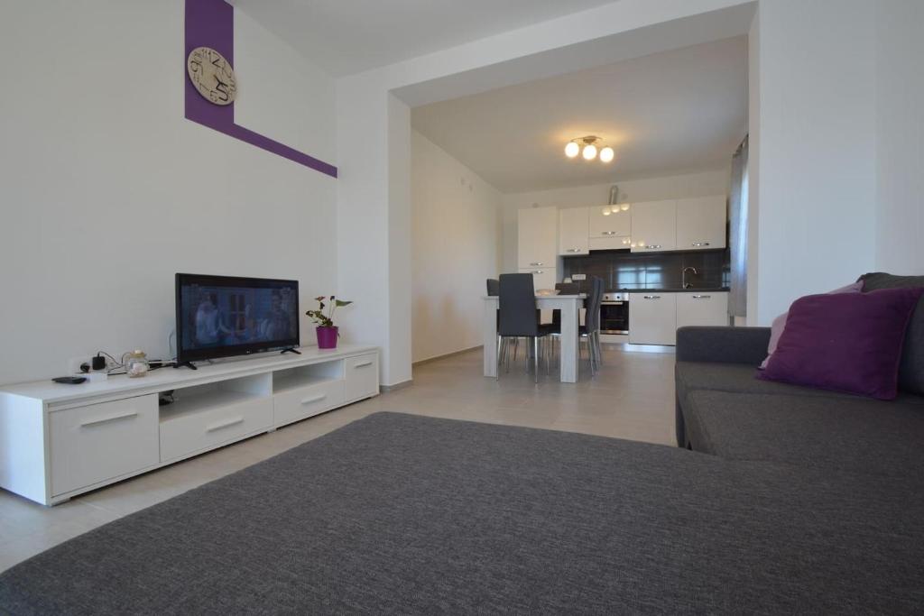 Una sala de estar con un sofá y un televisor. en House Mia, en Starigrad-Paklenica