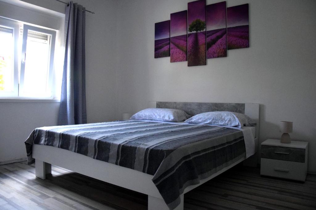 a bedroom with a bed and two paintings on the wall at Apartman Ana in Sali