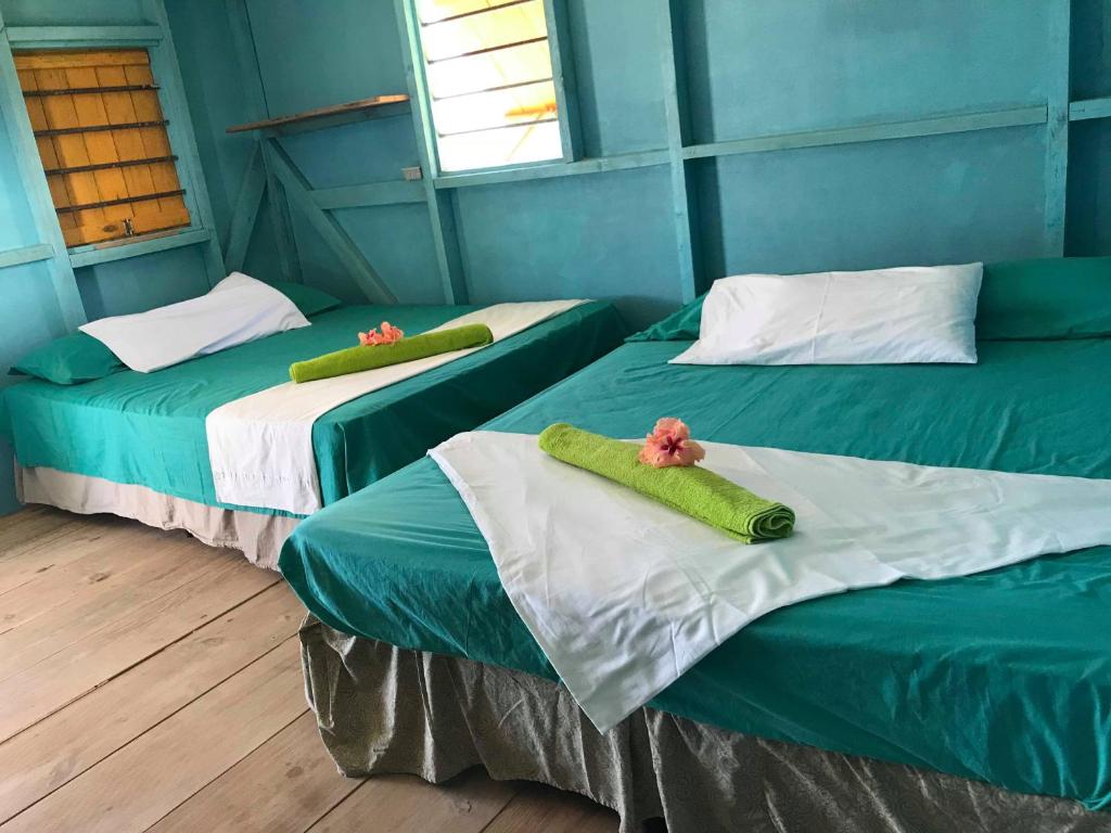 two beds in a room with blue walls at Sunrise Paradise/Carlito´s Place in Corn Islands