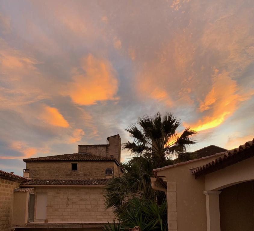 a cloudy sky with a building and a palm tree at Hôtel O’Banel in Gallargues-Le-Montueux