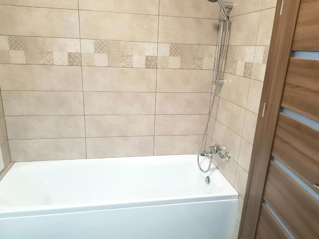 a bathroom with a bath tub and a shower at HappyHome Central Deluxe Apartments in Oradea