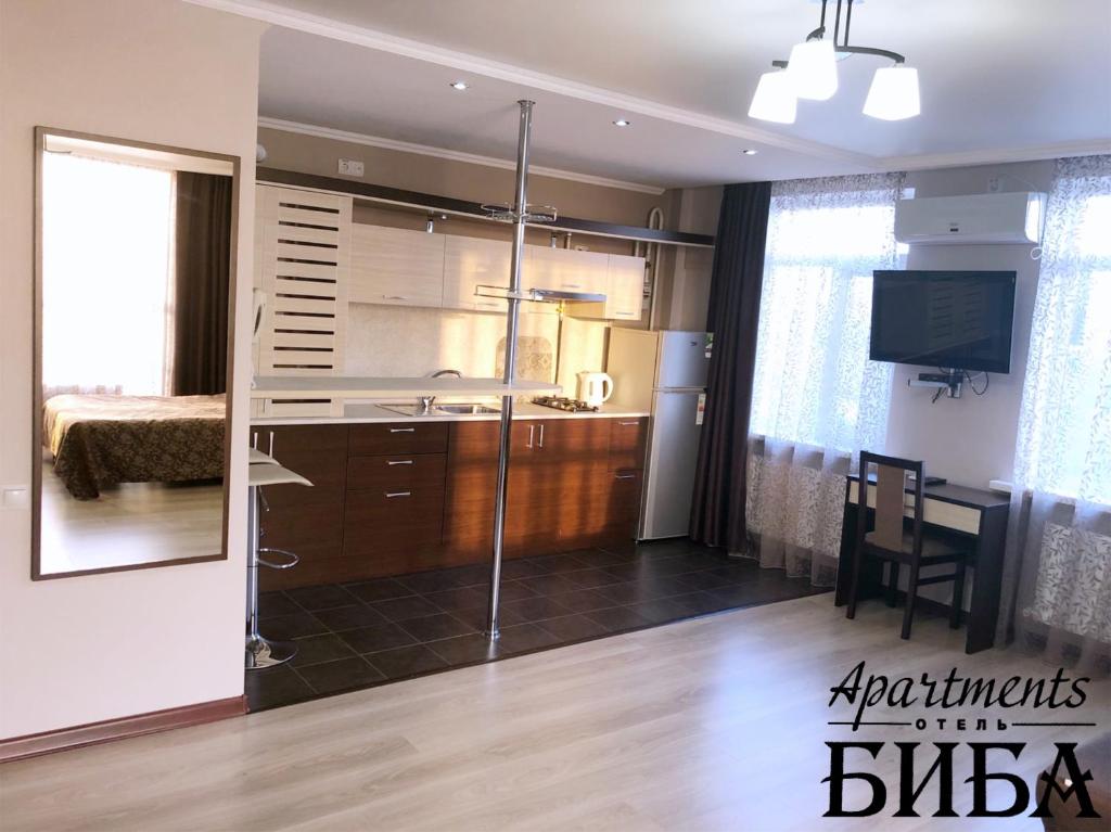 マイコープにあるBiba Apartmentsのキッチン、リビングルームが備わります。