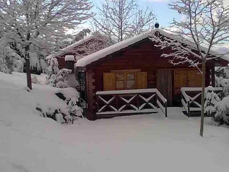 Cabaña de madera con nieve en el techo en Cabañas rurales la vega en Burunchel