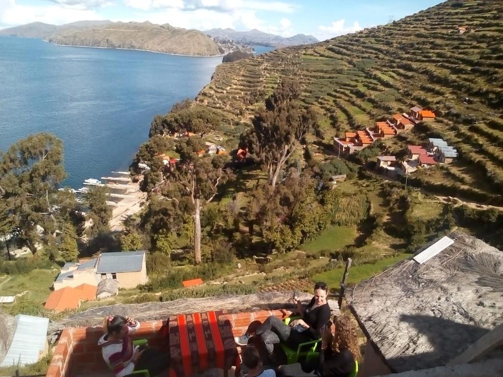 Isla de Sol的住宿－Las Cabañas Lodge，享有葡萄园和水面的空中景致
