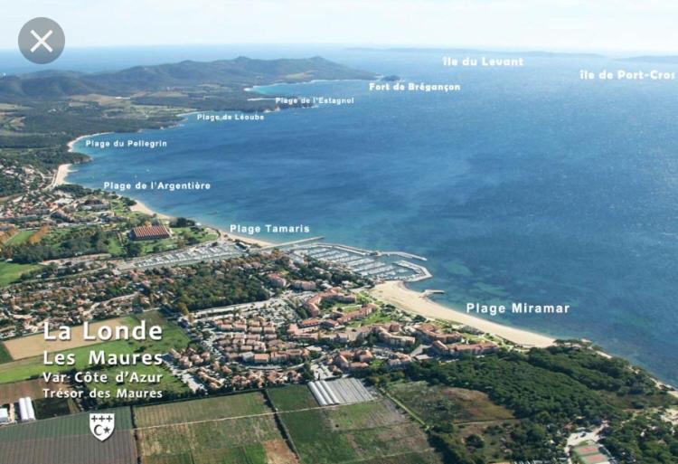 an aerial view of a beach and the ocean at Studio rénové balcon ensoleillé et calme in La Londe-les-Maures