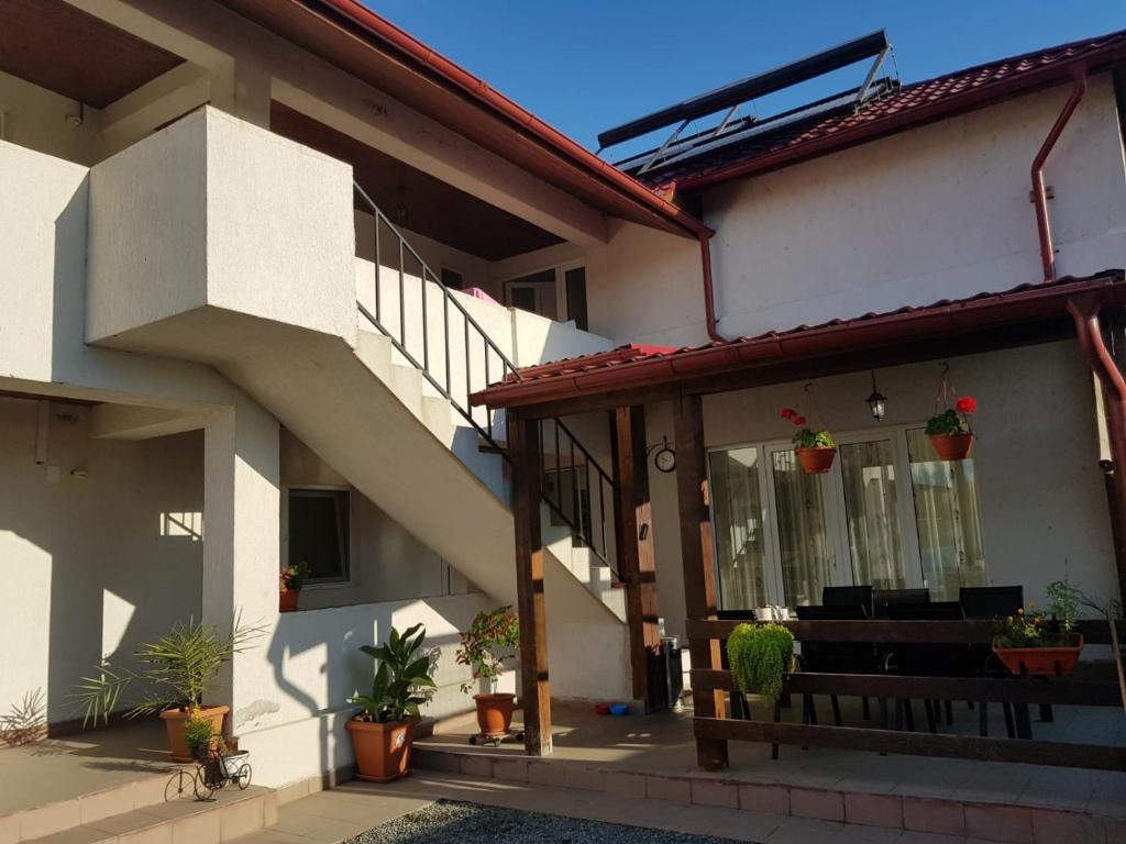 a house with a porch with a bench and potted plants at CASA DRAGON in Sulina