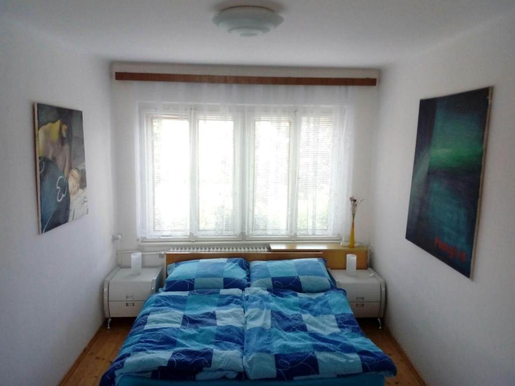 a bedroom with a blue bed and a window at U Žaludů in Ledenice