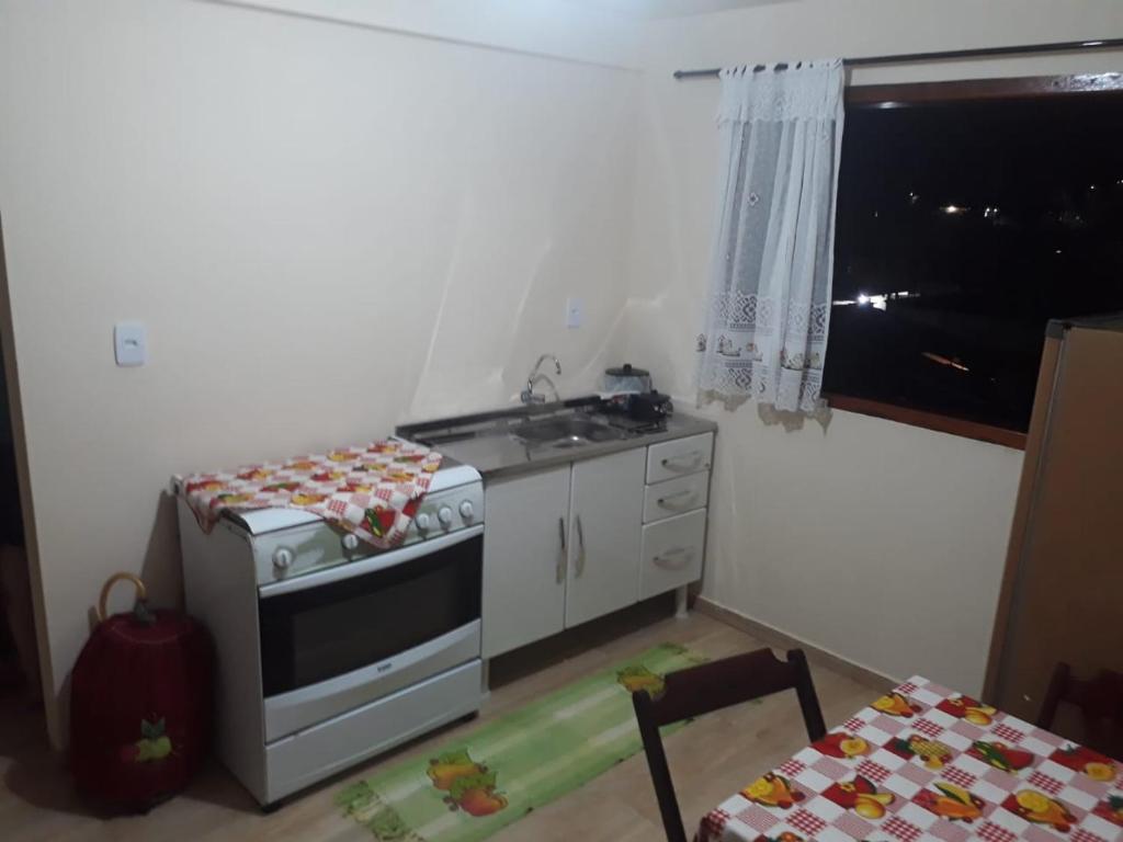 a small kitchen with a stove and a sink at kit net montanha das letras in São Thomé das Letras