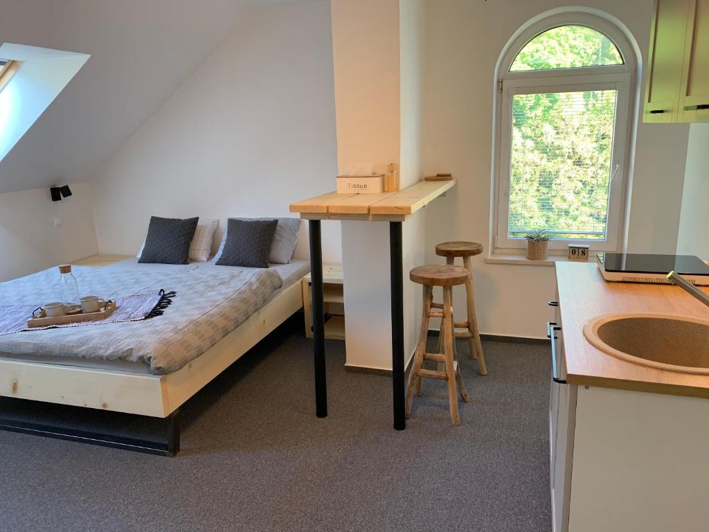 um quarto com uma cama, um lavatório e uma cozinha em Treehouse Apartments em Trencianske Teplice